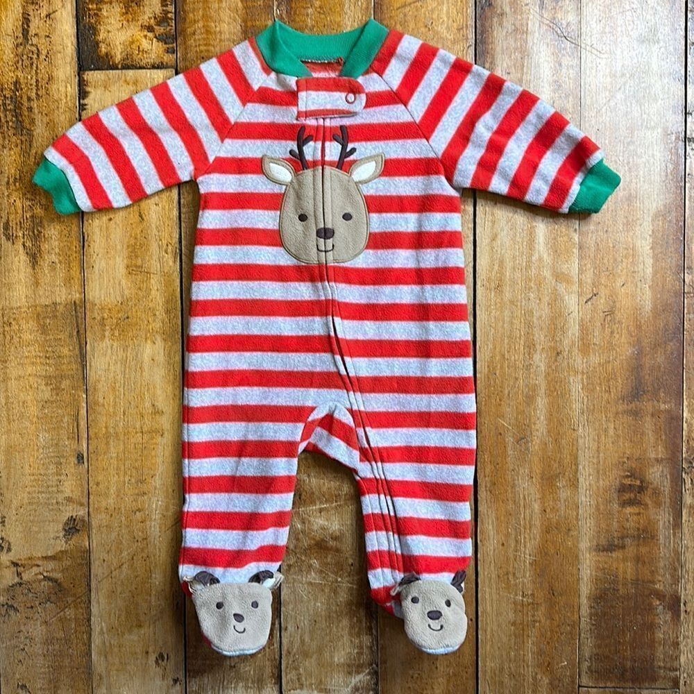 Carters Pajamas 3 months Christmas Holiday fleece sleeper reindeer Red Green